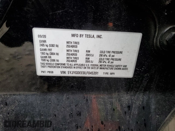 2020 Tesla Model Y Long Range with VIN 5YJYGDEE0LF045391, listed as a Copart auction lot 45642765 with 53,964 mi miles and Salvage Title. Bid and sale history available at DreamBid. Image 13.