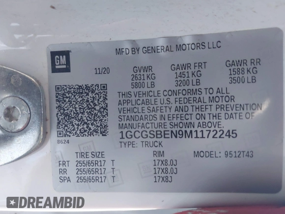 2021 Chevrolet Colorado 2WD Work Truck z VIN 1GCGSBEN9M1172245, wystawiony jako IAAI lot #41817191 z przebiegiem Nie podano mil oraz . Historia ofert i sprzedaży dostępna na DreamBid. Obrazek 9.