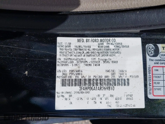 2010 Ford Fusion S with VIN 3FAHP0GA1AR269810, listed as a IAAI auction lot 41945504 with 1 mi miles. Bid and sale history available at carsss.com. Image 9.