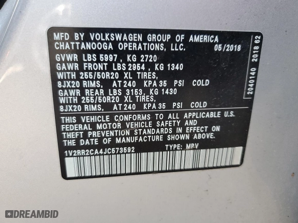 2018 Volkswagen Atlas 3.6L V6 SEL with VIN 1V2RR2CA4JC573592, listed as a Copart auction lot 48073945 with 84,582 mi miles and Salvage Title. Bid and sale history available at carsss.com. Image 15.
