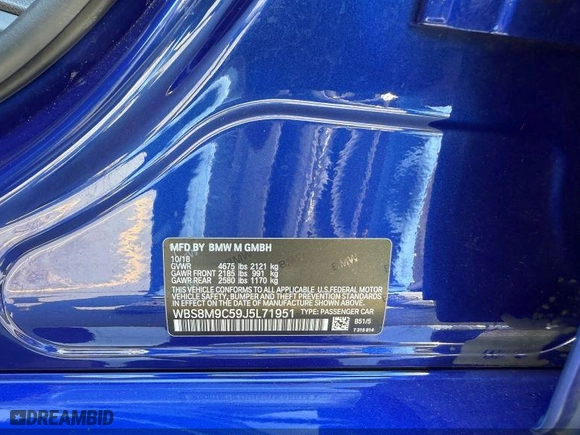 2018 BMW M3 with VIN WBS8M9C59J5L71951, listed as a IAAI auction lot 42129203 with 50,011 mi miles. Bid and sale history available at carsss.com. Image 9.