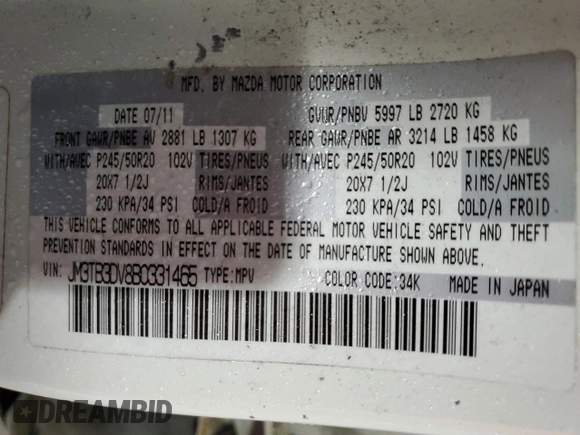 2011 Mazda CX-9 Grand Touring z VIN JM3TB3DV8B0331465, wystawiony jako Copart lot #58925255 z przebiegiem 162 972 mil mil oraz Czysty tytuł • Clean title. Historia ofert i sprzedaży dostępna na DreamBid. Obrazek 13.