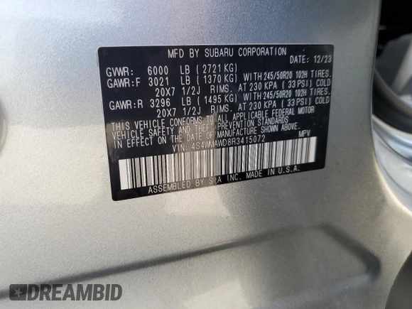 2024 Subaru Ascent Touring с VIN 4S4WMAWD8R3415072, выставлен на аукционе Copart как лот 55168845 с пробегом 22 827 миль миль и На запчасти • Non repairable. История ставок и продаж доступна на DreamBid. Изображение 13.