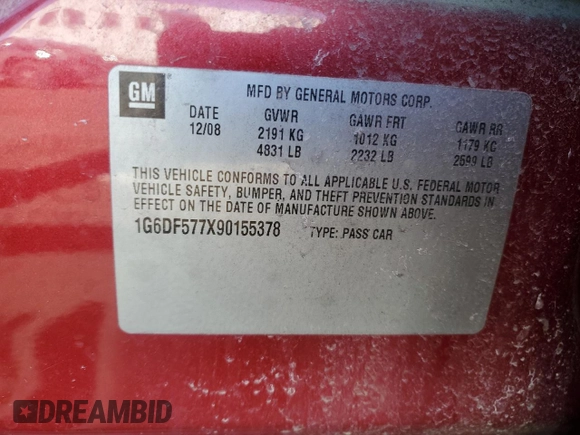2009 Cadillac CTS RWD with VIN 1G6DF577X90155378, listed as a Copart auction lot 51456665 with 216,964 mi miles and Salvage Title. Bid and sale history available at DreamBid. Image 12.