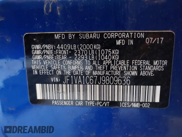2018 Subaru WRX Premium with VIN JF1VA1C67J9809636, listed as a IAAI auction lot 41557758 with 102,390 mi miles. Bid and sale history available at carsss.com. Image 9.