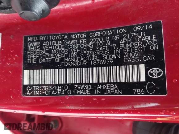 2015 Toyota Prius Four z VIN JTDKN3DU9F1876979, wystawiony jako IAAI lot #42313474 z przebiegiem 193 380 mil mil oraz . Historia ofert i sprzedaży dostępna na DreamBid. Obrazek 9.