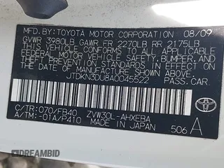 2010 Toyota Prius II with VIN JTDKN3DU8A0045522, listed as a IAAI auction lot 42092044 with 269,694 mi miles and . Bid and sale history available at DreamBid. Image 9.