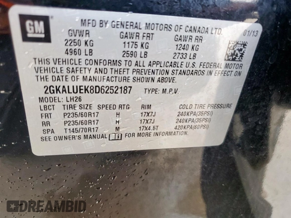 2013 GMC Terrain SLT with VIN 2GKALUEK8D6252187, listed as a Copart auction lot 62736125 with 175,445 mi miles and Clean title. Bid and sale history available at DreamBid. Image 13.