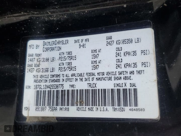 2002 Dodge Dakota with VIN 1B7GL12X42S530775, listed as a Copart auction lot 81106564 with 197,366 mi miles and Salvage Title. Bid and sale history available at carsss.com. Image 14.