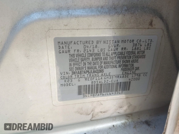 2018 Nissan Sentra SV with VIN 3N1AB7AP6JL643365, listed as a IAAI auction lot 42033621 with 113,297 mi miles. Bid and sale history available at carsss.com. Image 9.