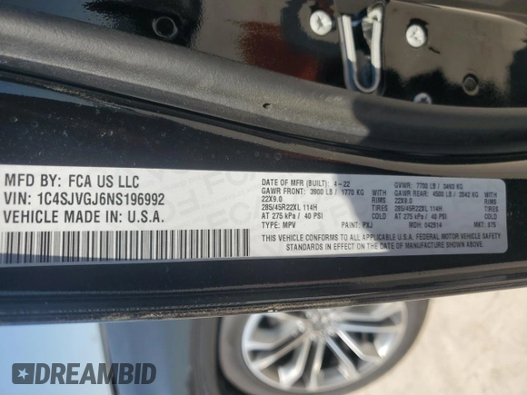 2022 Jeep Grand Wagoneer Series III с VIN 1C4SJVGJ6NS196992, выставлен на аукционе Copart как лот 52117945 с пробегом 30 898 миль миль и Списание • Salvage title. История ставок и продаж доступна на DreamBid. Изображение 13.