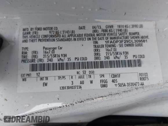 2013 Ford Focus SE с VIN 1FADP3F29DL309581, выставлен на аукционе IAAI как лот 42391300 с пробегом 280 531 миль миль и . История ставок и продаж доступна на DreamBid. Изображение 9.