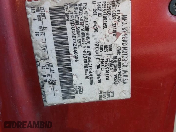 1999 Ford Explorer XLT with VIN 1FMDU34E7XZA60386, listed as a Copart auction lot 86851594 with 218,592 mi miles and Salvage title. Bid and sale history available at DreamBid. Image 12.