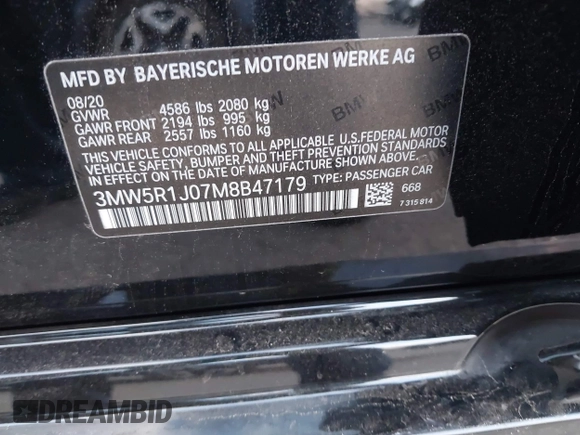 2021 BMW 3 Series 330i with VIN 3MW5R1J07M8B47179, listed as a IAAI auction lot 41450153 with 66,689 mi miles. Bid and sale history available at carsss.com. Image 9.