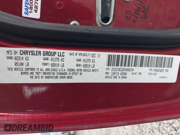 2013 Chrysler 300 with VIN 2C3CCAEG3DH606334, listed as a IAAI auction lot 41654590 with 90,771 mi miles. Bid and sale history available at carsss.com. Image 9.