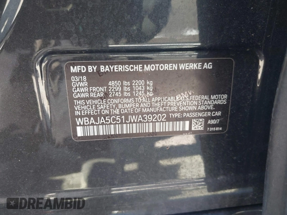 2018 BMW 5 Series 530i with VIN WBAJA5C51JWA39202, listed as a IAAI auction lot 41741069 with 89,972 mi miles and . Bid and sale history available at DreamBid. Image 9.