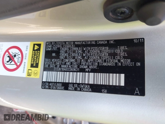 2012 Lexus RX 350 with VIN 2T2ZK1BA0CC069631, listed as a IAAI auction lot 42542708 with 181,096 mi miles and . Bid and sale history available at DreamBid. Image 9.