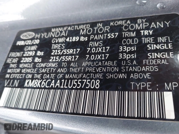 2020 Hyundai Kona SEL Plus with VIN KM8K6CAA1LU557508, listed as a IAAI auction lot 41603655 with 84,257 mi miles and . Bid and sale history available at carsss.com. Image 9.