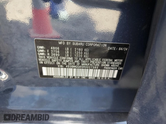 2024 Subaru Legacy Special Sports z VIN 4S3BWGG65R3027393, wystawiony jako Copart lot #85794844 z przebiegiem 7289 mil mil oraz Szkoda całkowita • Salvage title. Historia ofert i sprzedaży dostępna na DreamBid. Obrazek 14.