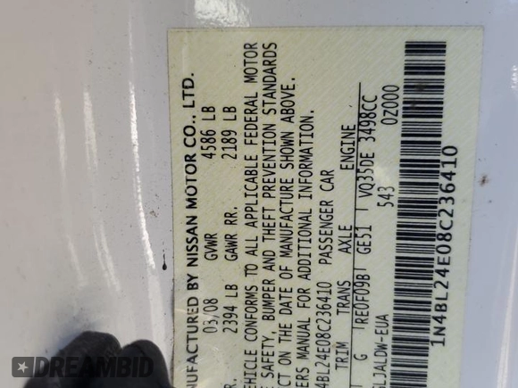 2008 Nissan Altima 3.5 SE with VIN 1N4BL24E08C236410, listed as a Copart auction lot 50644985 with 85,738 mi miles and Salvage Title. Bid and sale history available at carsss.com. Image 13.