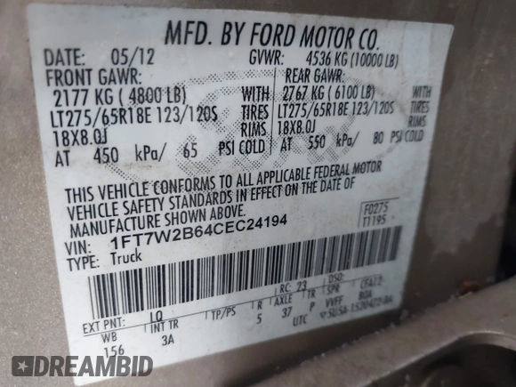 2012 Ford F-250 XL with VIN 1FT7W2B64CEC24194, listed as a IAAI auction lot 41236670 with 131,180 mi miles and . Bid and sale history available at DreamBid. Image 9.