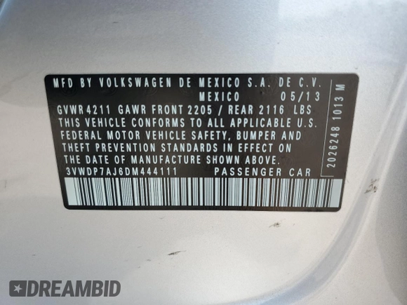 2013 Volkswagen Jetta SE with VIN 3VWDP7AJ6DM444111, listed as a Copart auction lot 60243665 with 47,005 mi miles and Salvage title. Bid and sale history available at DreamBid. Image 12.