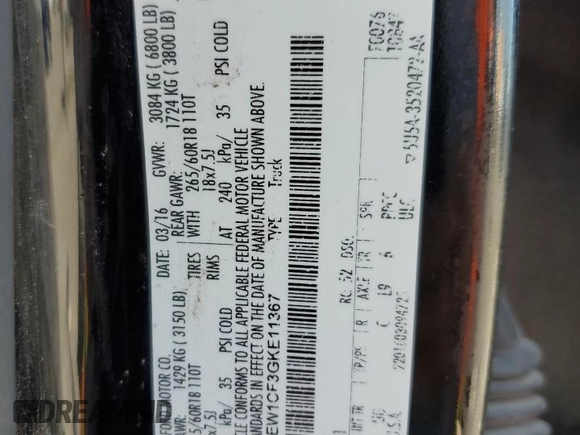 2016 Ford F-150 XL с VIN 1FTEW1CF3GKE11367, выставлен на аукционе Copart как лот 55059985 с пробегом 108 159 миль миль и Списание • Salvage title. История ставок и продаж доступна на DreamBid. Изображение 12.