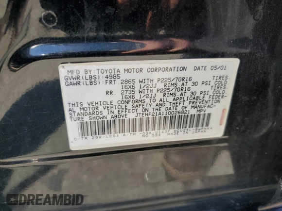 2001 Toyota Highlander z VIN JTEHF21A110026821, wystawiony jako Copart lot #61664155 z przebiegiem 165 772 mil mil oraz Czysty tytuł • Clean title. Historia ofert i sprzedaży dostępna na DreamBid. Obrazek 13.