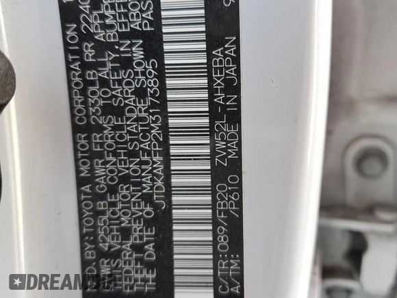 2021 Toyota Prius LE with VIN JTDKAMFP2M3173895, listed as a Copart auction lot 54384825 with 72,915 mi miles and Salvage Title. Bid and sale history available at DreamBid. Image 13.