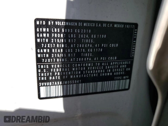 2018 Volkswagen Tiguan S z VIN 3VV0B7AX6JM055941, wystawiony jako Copart lot #47583005 z przebiegiem 99 744 mil mil oraz Szkoda całkowita • Salvage title. Historia ofert i sprzedaży dostępna na DreamBid. Obrazek 15.