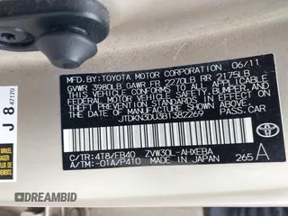 2011 Toyota Prius I with VIN JTDKN3DU3B1382269, listed as a IAAI auction lot 41982096 with 36,600 mi miles. Bid and sale history available at carsss.com. Image 9.
