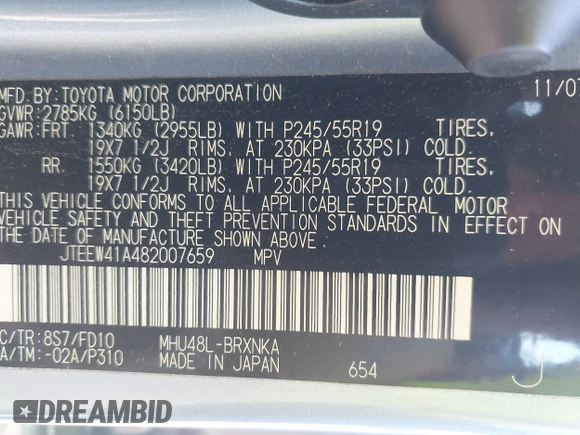 2008 Toyota Highlander Hybrid with VIN JTEEW41A482007659, listed as a IAAI auction lot 40612418 with 169,099 mi miles. Bid and sale history available at carsss.com. Image 9.