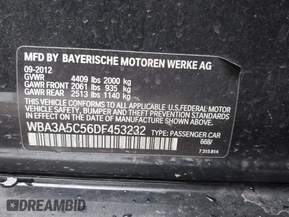 2013 BMW 3 Series 328i with VIN WBA3A5C56DF453232, listed as a IAAI auction lot 41794450 with 152,304 mi miles. Bid and sale history available at carsss.com. Image 9.