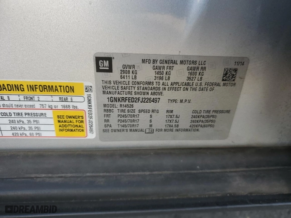 2015 Chevrolet Traverse LS with VIN 1GNKRFED2FJ226497, listed as a Copart auction lot 89246925 with 0 mi miles and Non Repairable. Bid and sale history available at carsss.com. Image 14.