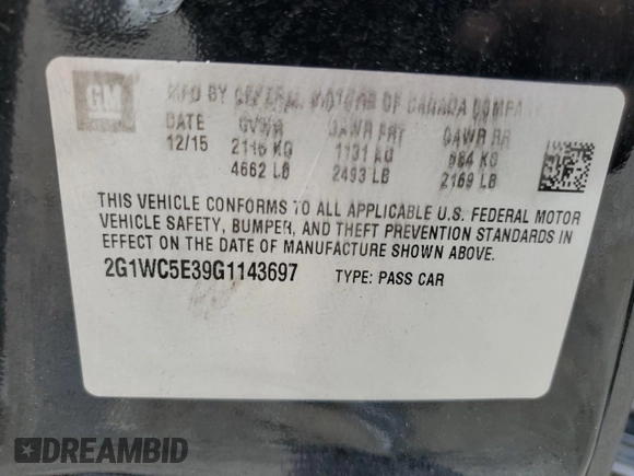 2016 Chevrolet Impala LTZ with VIN 2G1WC5E39G1143697, listed as a Copart auction lot 62316885 with Not provided miles and Salvage title. Bid and sale history available at DreamBid. Image 12.