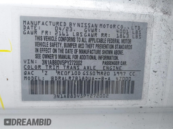 2023 Nissan Sentra SR with VIN 3N1AB8DV5PY272002, listed as a IAAI auction lot 42010828 with 13,210 mi miles and . Bid and sale history available at DreamBid. Image 9.