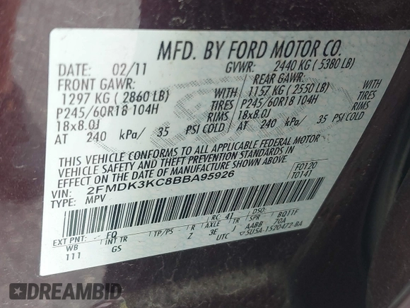 2011 Ford Edge Limited with VIN 2FMDK3KC8BBA95926, listed as a IAAI auction lot 42726101 with 126,129 mi miles and . Bid and sale history available at DreamBid. Image 9.