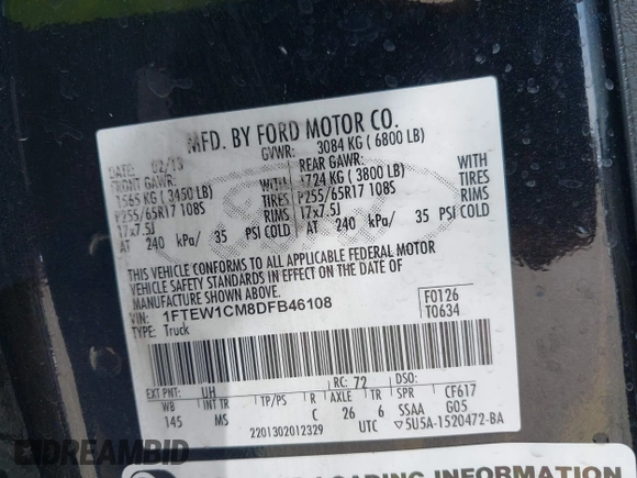 2013 Ford F-150 XL with VIN 1FTEW1CM8DFB46108, listed as a IAAI auction lot 41587199 with 195,251 mi miles. Bid and sale history available at carsss.com. Image 9.