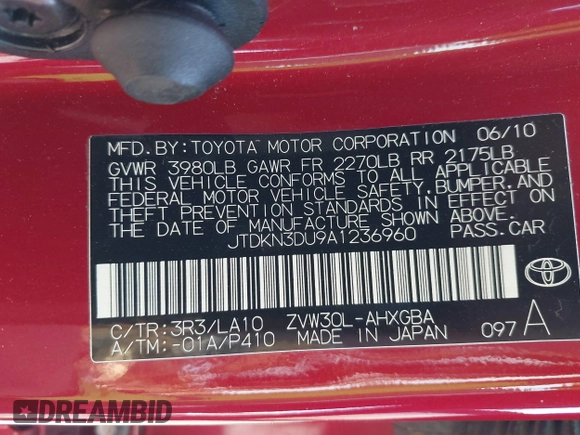 2010 Toyota Prius Four with VIN JTDKN3DU9A1236960, listed as a IAAI auction lot 42074854 with 149,531 mi miles and . Bid and sale history available at DreamBid. Image 9.