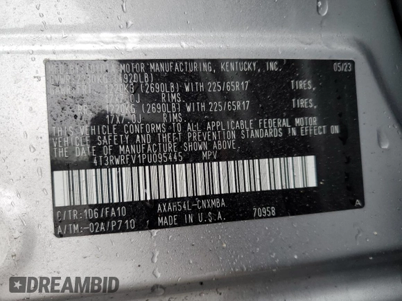 2023 Toyota RAV4 Hybrid XLE с VIN 4T3RWRFV1PU095445, выставлен на аукционе Copart как лот 43175455 с пробегом 20 145 миль миль и Списание • Salvage title. История ставок и продаж доступна на DreamBid. Изображение 13.