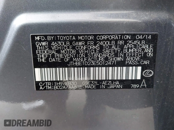 2014 Lexus IS 350 with VIN JTHBE1D23E5012471, listed as a IAAI auction lot 42011268 with 76,188 mi miles. Bid and sale history available at carsss.com. Image 9.