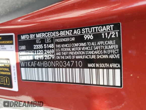2022 Mercedes-Benz C 300 with VIN W1KAF4HB0NR034710, listed as a Copart auction lot 68326544 with Not Provided miles and Salvage Title. Bid and sale history available at DreamBid. Image 12.