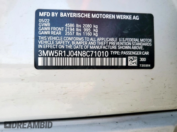 2022 BMW 3 Series 330i with VIN 3MW5R1J04N8C71010, listed as a Copart auction lot 49645655 with 0 mi miles and Salvage Title. Bid and sale history available at carsss.com. Image 12.