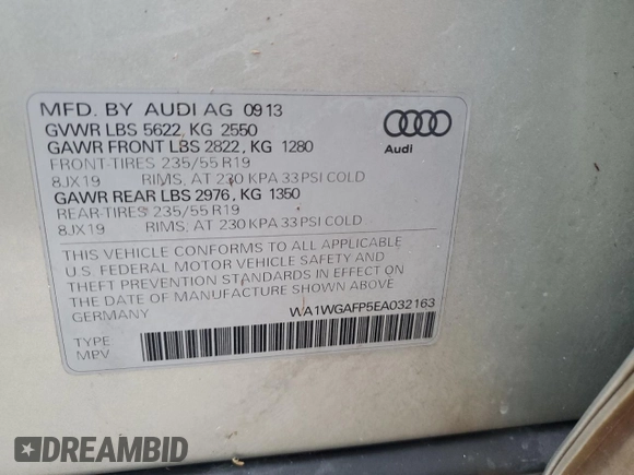 2014 Audi Q5 Prestige with VIN WA1WGAFP5EA032163, listed as a Copart auction lot 76766564 with Not provided miles and Salvage title. Bid and sale history available at DreamBid. Image 14.