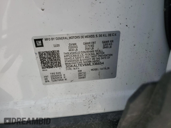 2021 GMC Terrain SLE with VIN 3GKALTEV6ML336654, listed as a Copart auction lot 55979675 with 75,232 mi miles and Clean title. Bid and sale history available at DreamBid. Image 14.