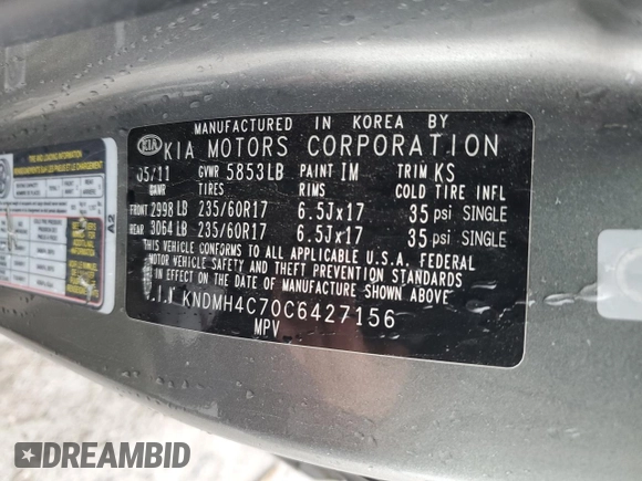 2012 Kia Sedona EX with VIN KNDMH4C70C6427156, listed as a Copart auction lot 50417654 with 121,012 mi miles and Salvage Title. Bid and sale history available at carsss.com. Image 14.