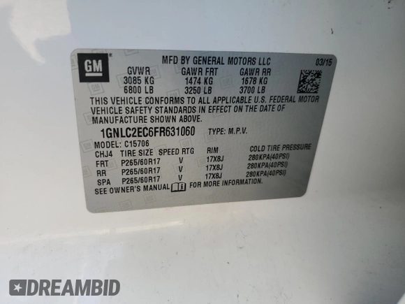 2015 Chevrolet Tahoe Commercial with VIN 1GNLC2EC6FR631060, listed as a Copart auction lot 60708295 with 158,537 mi miles and Clean title. Bid and sale history available at DreamBid. Image 13.