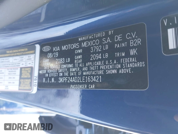 2020 Kia Forte LXS z VIN 3KPF24AD2LE163421, wystawiony jako IAAI lot #41480475 z przebiegiem 52 706 mil mil oraz . Historia ofert i sprzedaży dostępna na DreamBid. Obrazek 9.