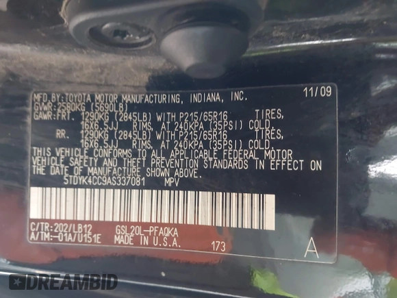 2010 Toyota Sienna XLE with VIN 5TDYK4CC9AS337081, listed as a IAAI auction lot 42218064 with 260,606 mi miles and . Bid and sale history available at carsss.com. Image 9.