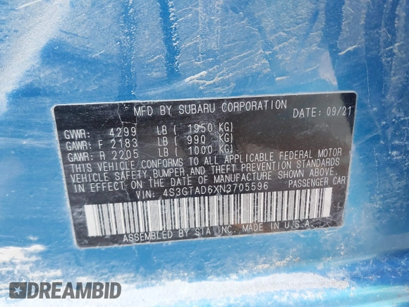 2022 Subaru Impreza Premium с VIN 4S3GTAD6XN3705596, выставлен на аукционе IAAI как лот 41805251 с пробегом 87 043 миль миль и . История ставок и продаж доступна на DreamBid. Изображение 9.